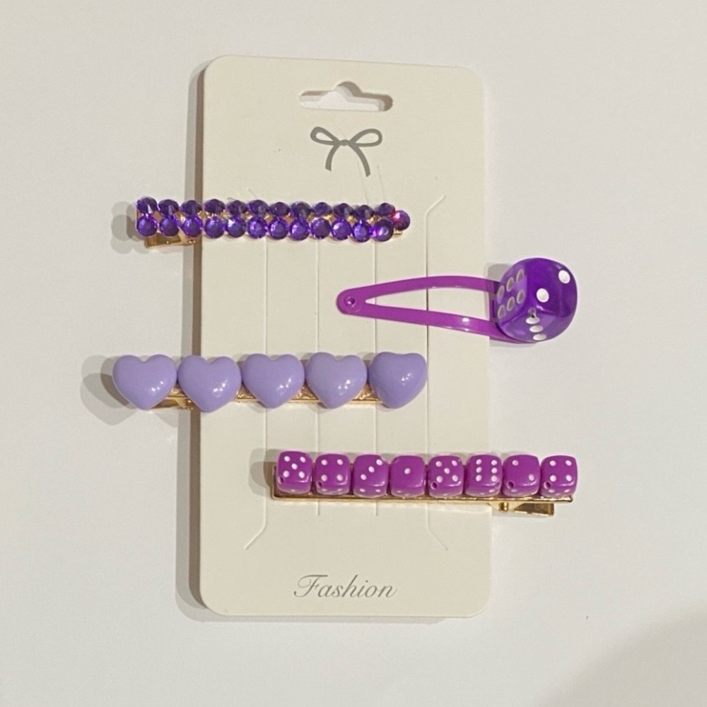 Y2K Purple Dice & Heart Hair Clip Set – 4pc